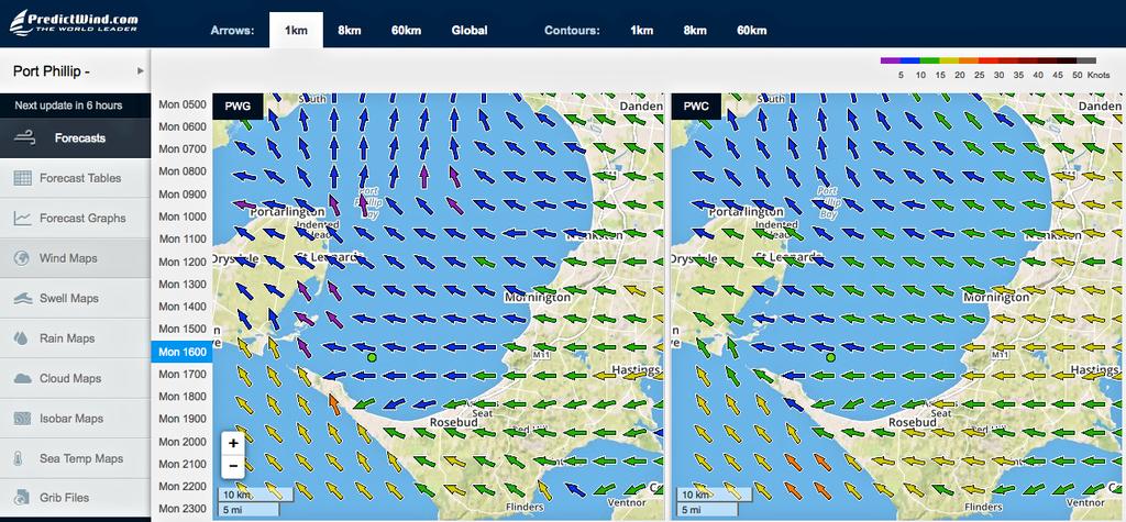 Wind strength and direction at 1600hrs - Day 3, 2015 Moth Worlds, Sorrento © PredictWind http://www.predictwind.com